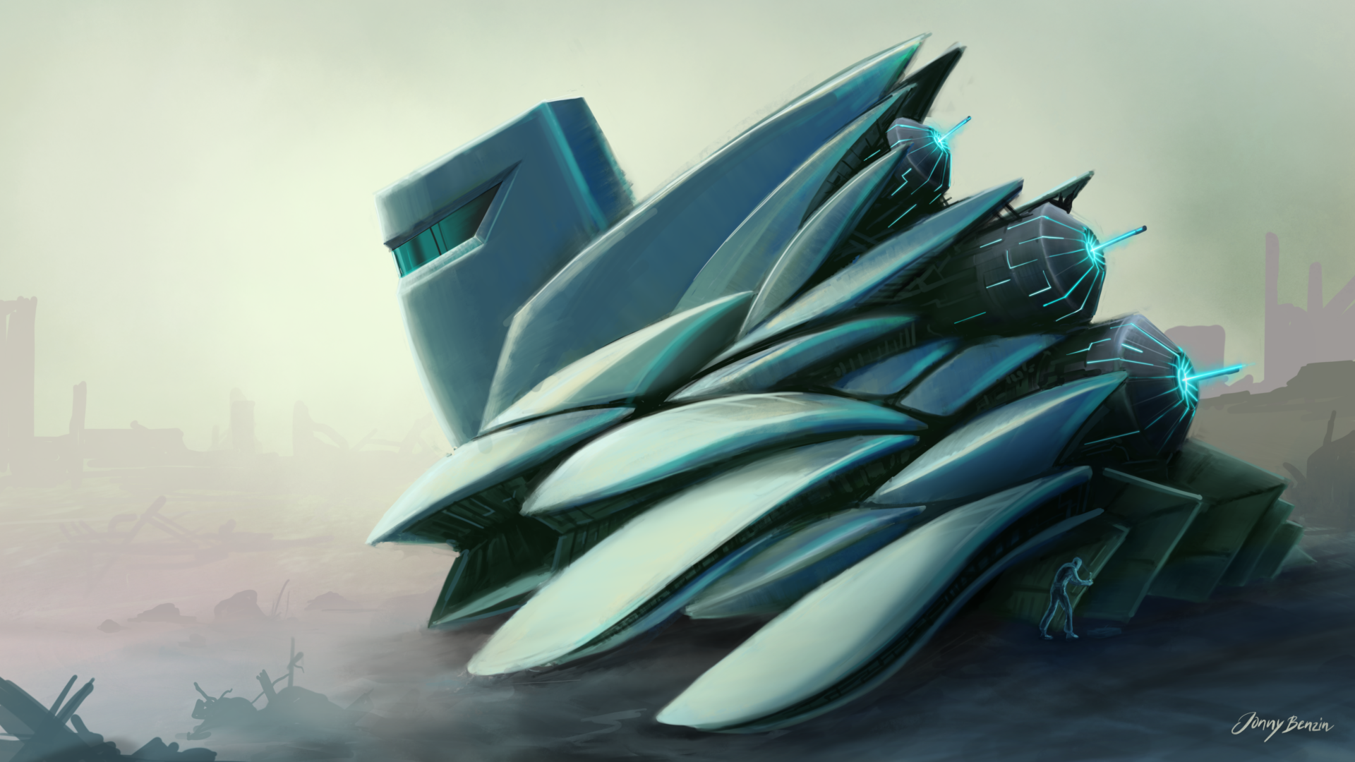 First version of the spaceship in a post-apocalyptic scenario.